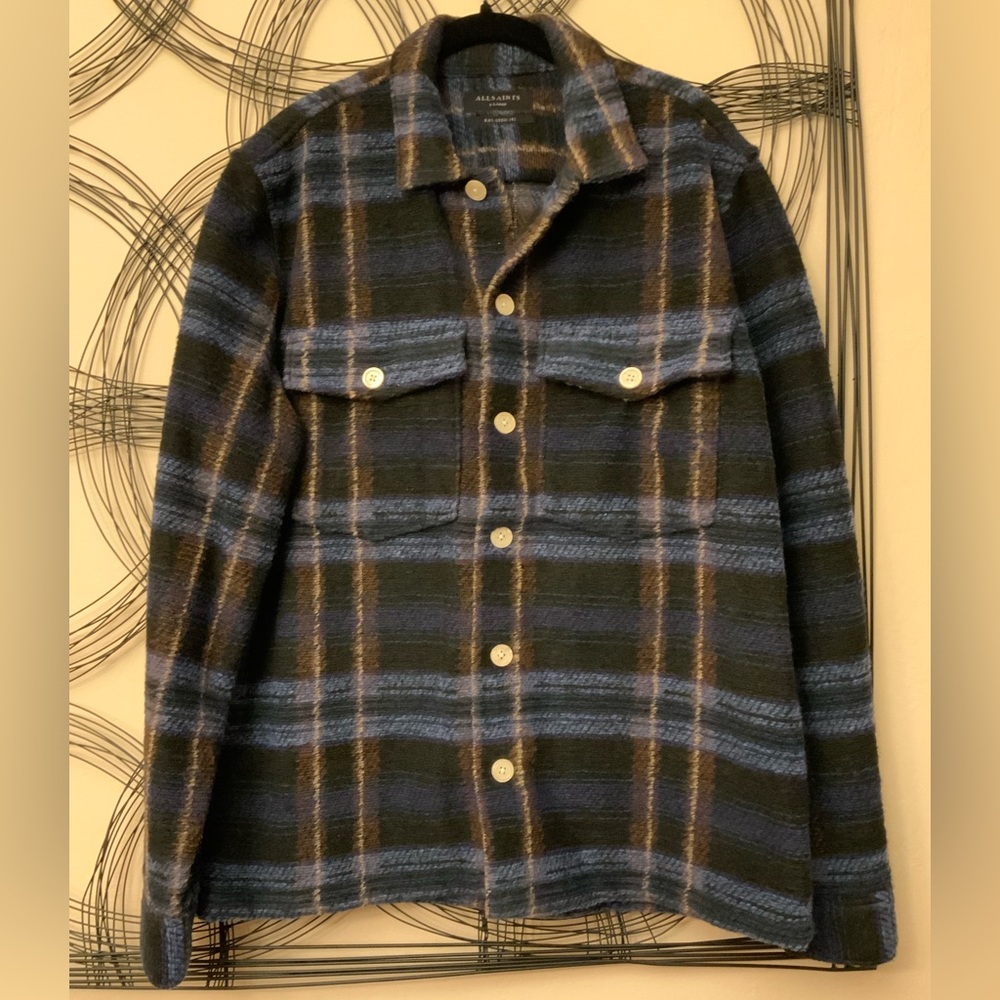 All Saints Men's Blue and Black Plaid Shirt Jacket